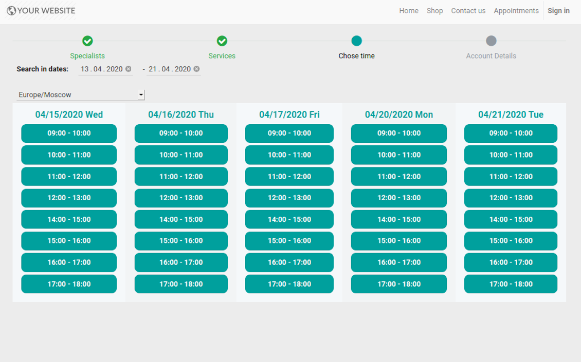 Website time booking page