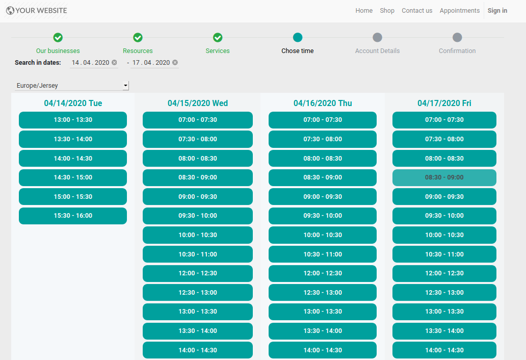 Website time reservation page
