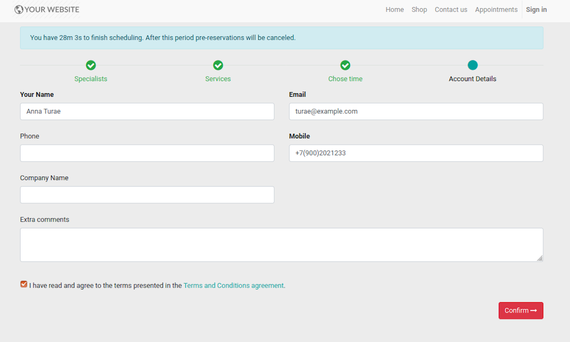 Booking contact details