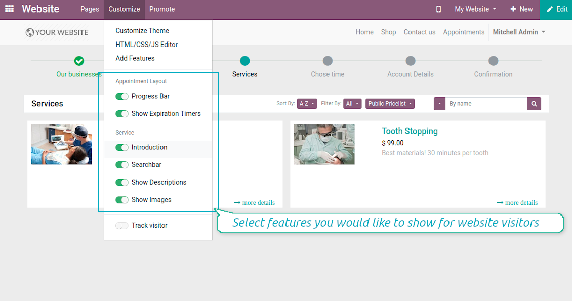 Configure elements per service selection page
