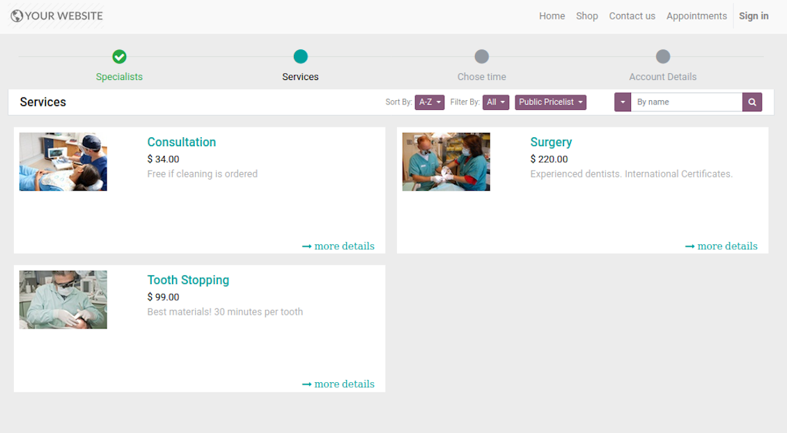 Website service booking page