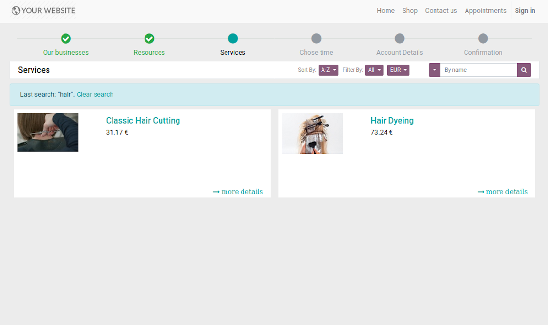 Website service reservation page