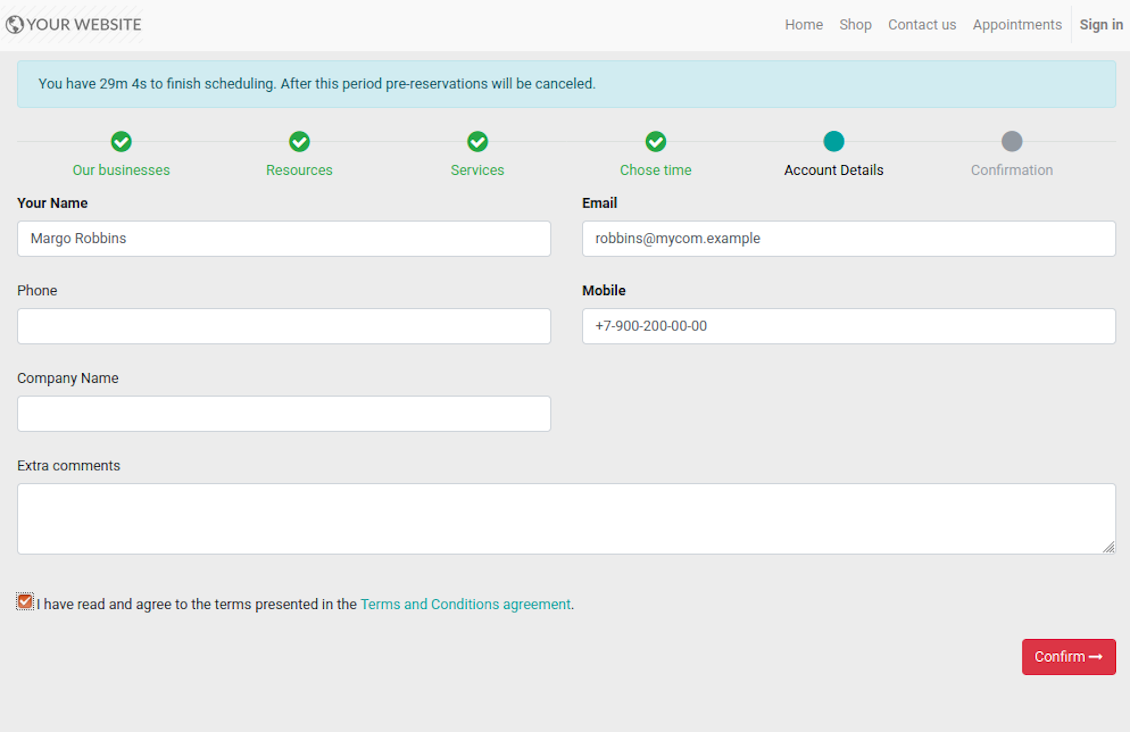 Reservation contact details