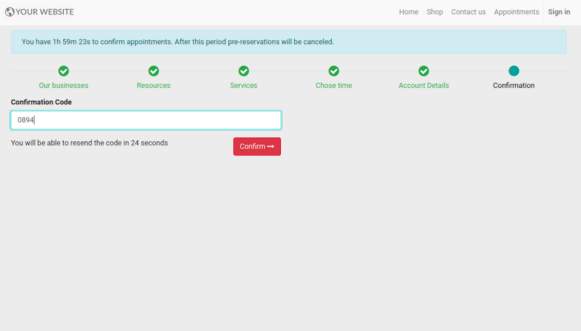 Confirmation code email to schedule appointment
