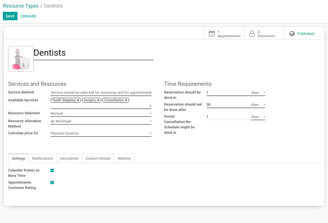 Service business area setup