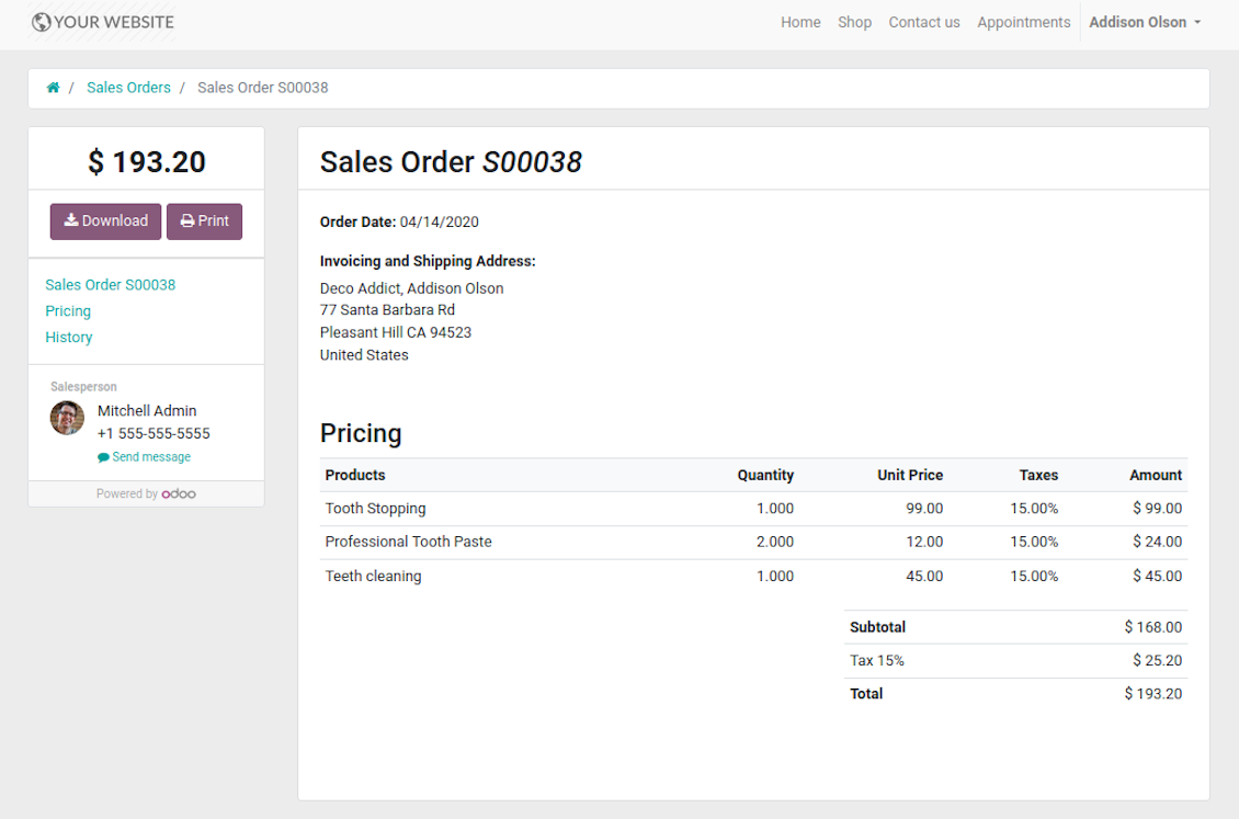 Service sales order in portal