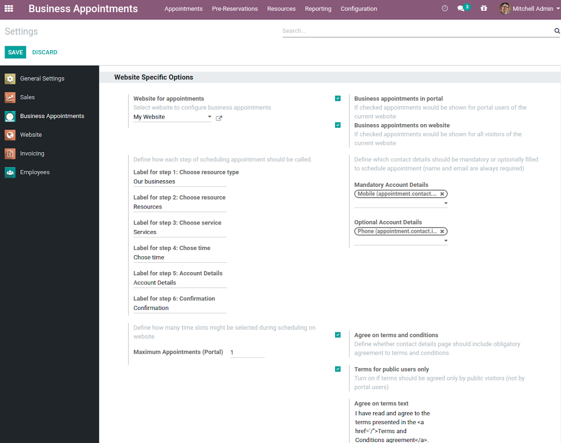 Configuration page: website-specific options
