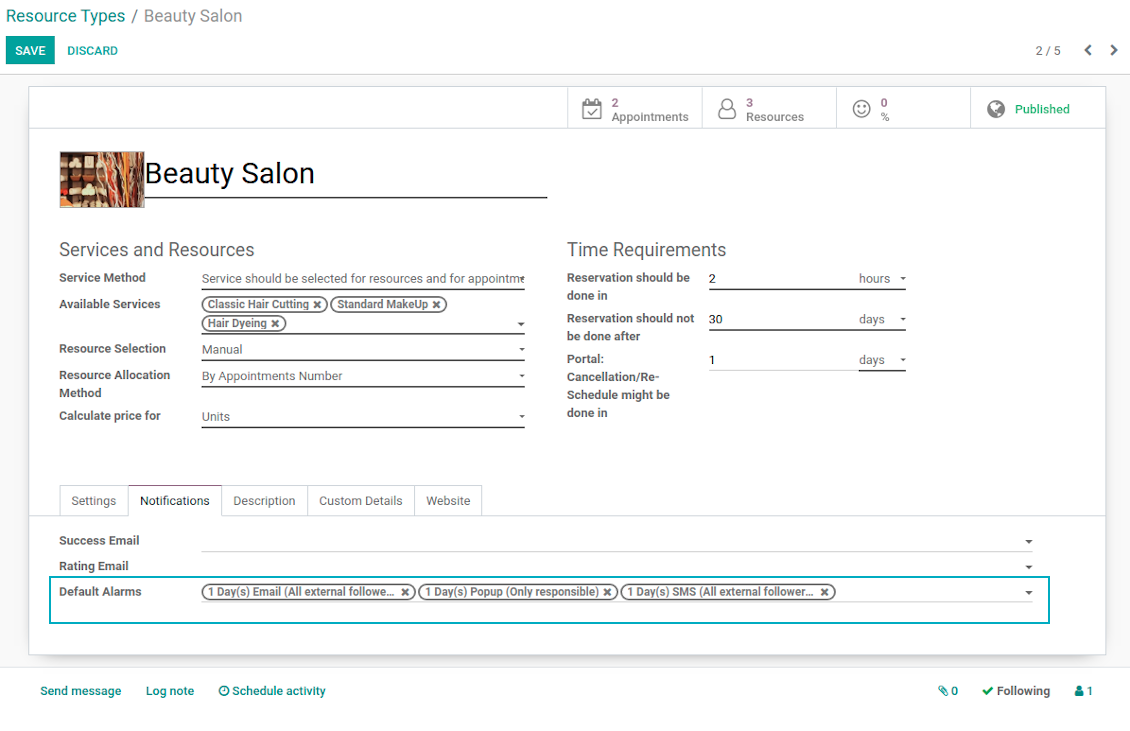 Resource type reminders for linked reservations