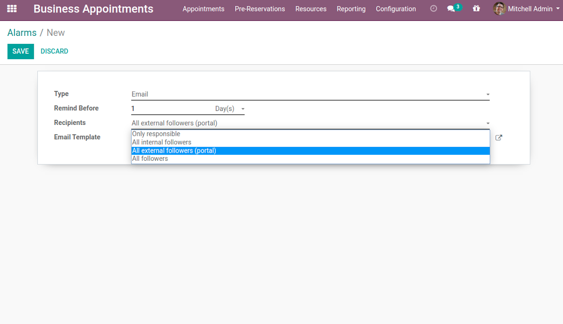 Appointment reminder configuration