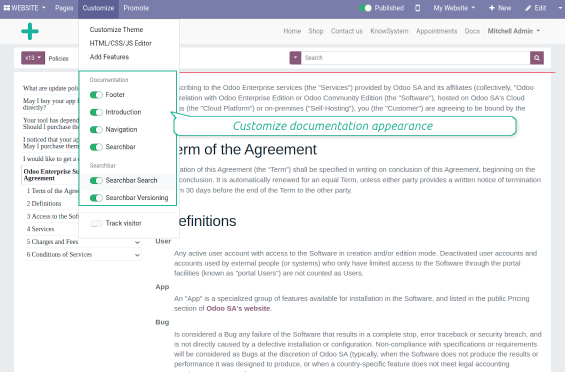 Documentation custom optional features