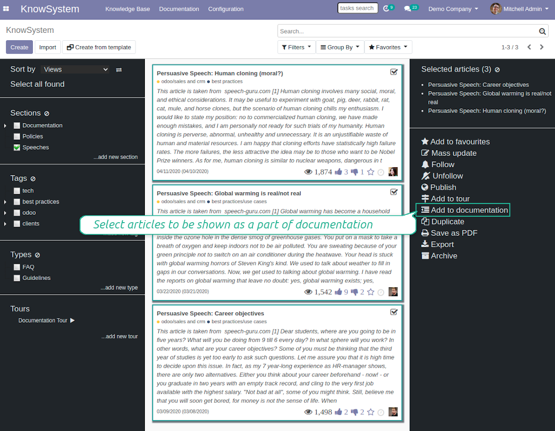 Construct documentation as a set of articles