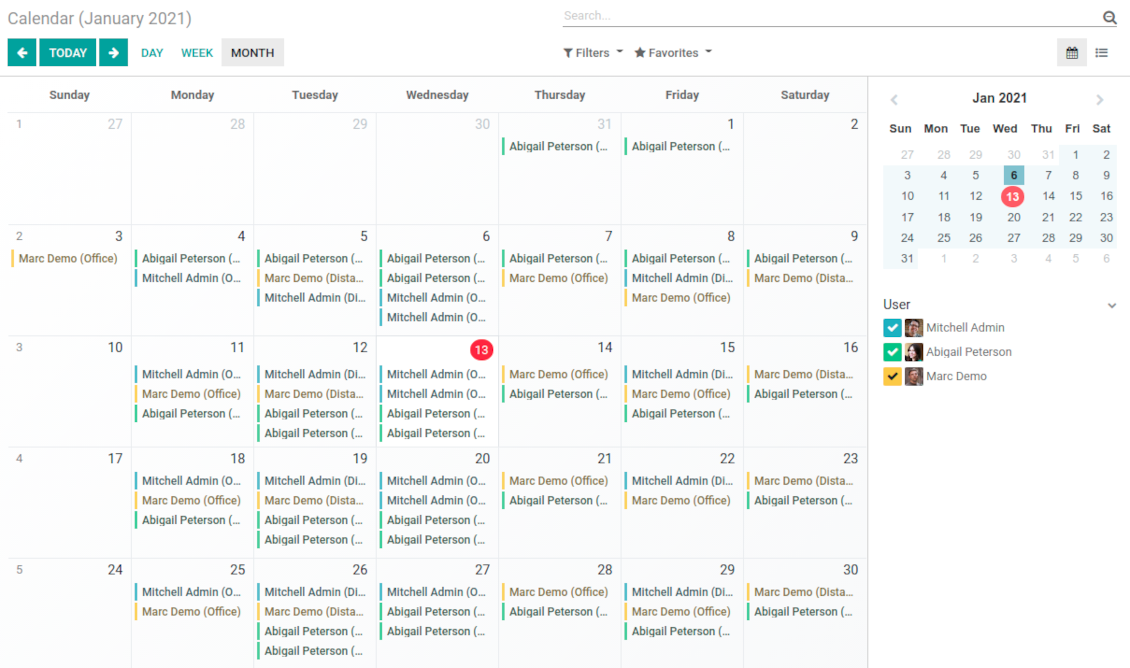 Monthly view for working calendar
