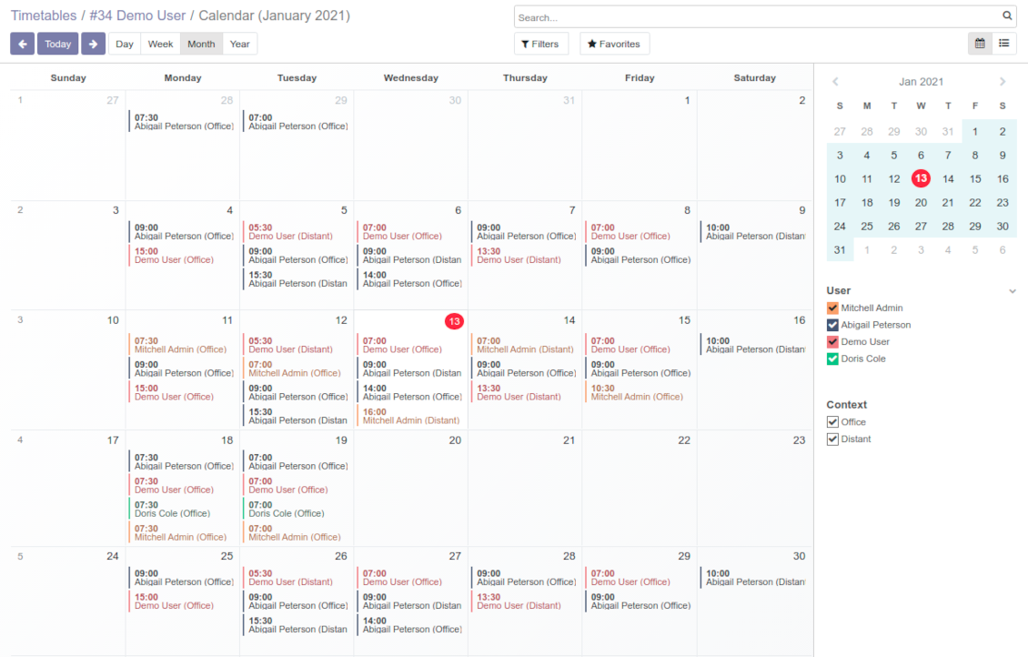 Monthly view for working calendar