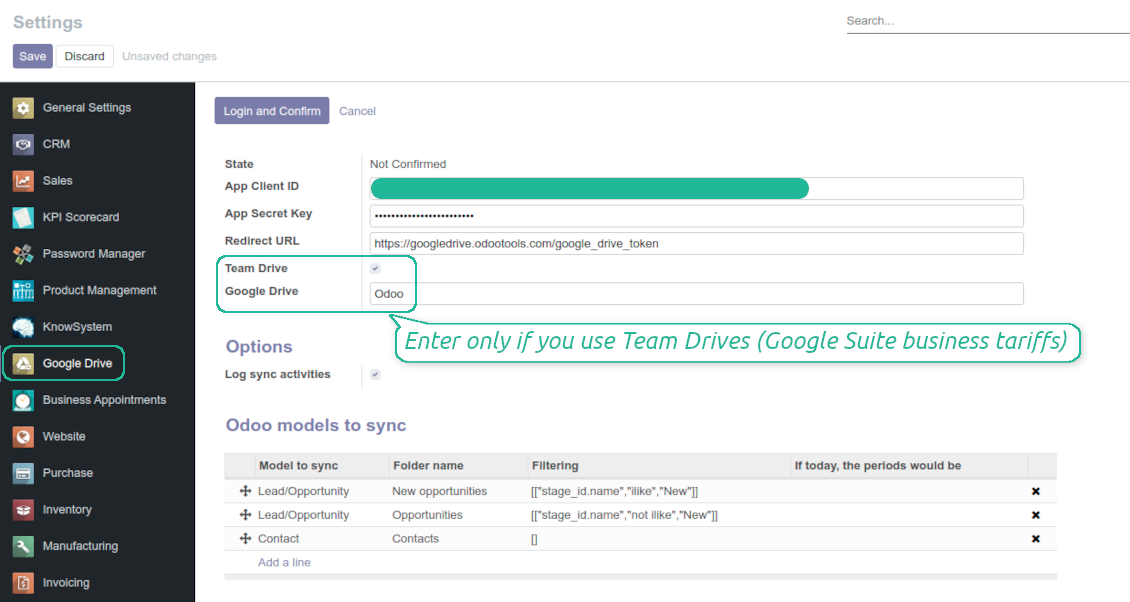 Enter Google app credentials to Odoo