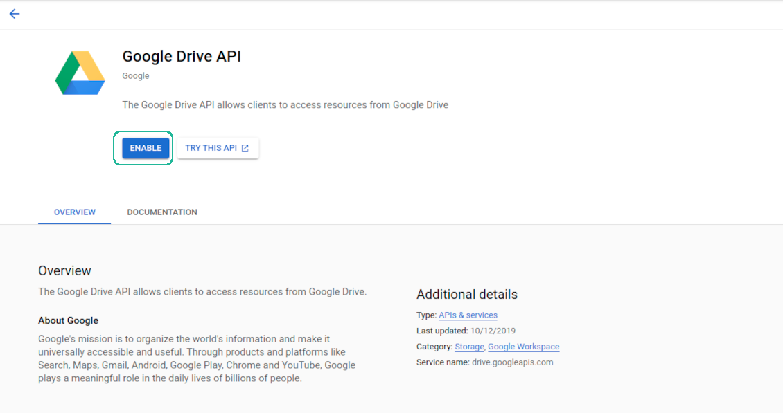Enable Google Drive API