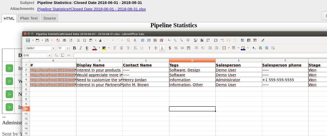 Xlsx table attached to a reminder