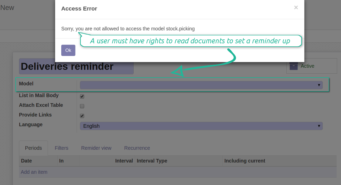 Model read access is required for model reminder