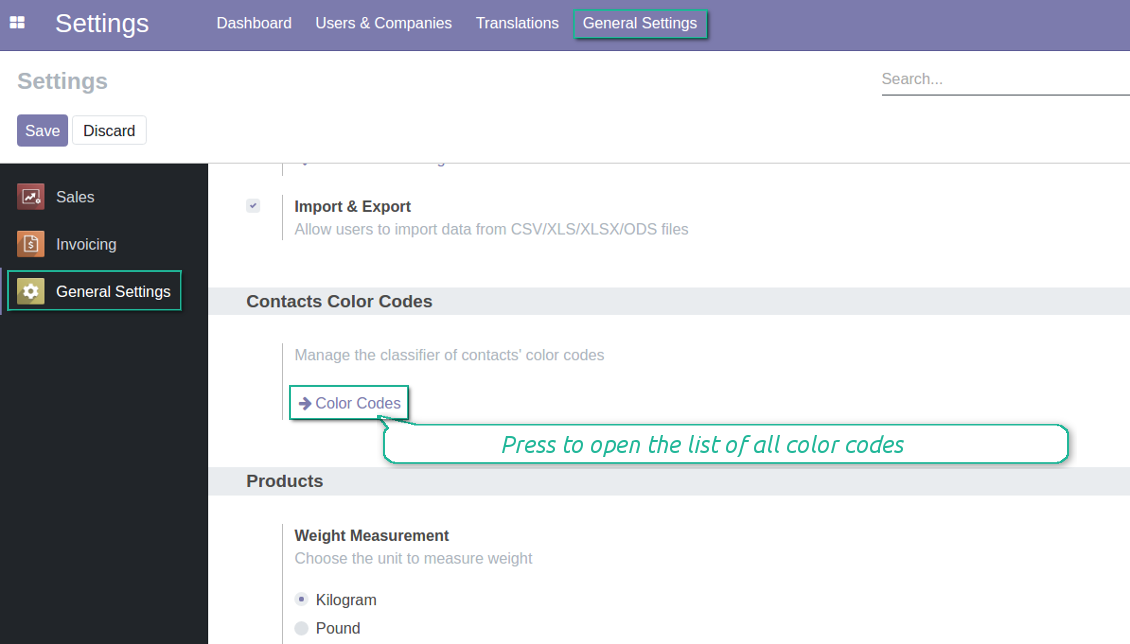 Odoo color codes general configuration