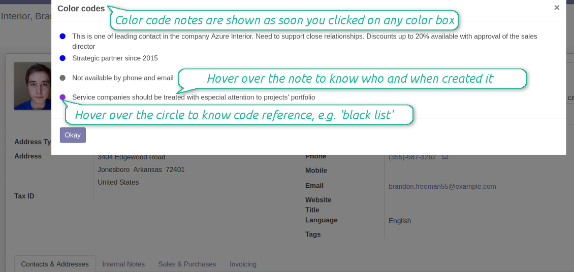 Color codes popup