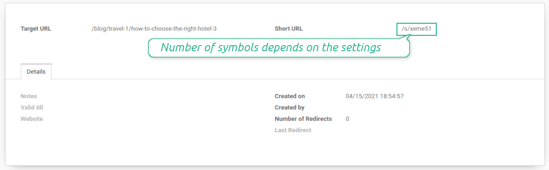 Odoo URL shortener tokens
