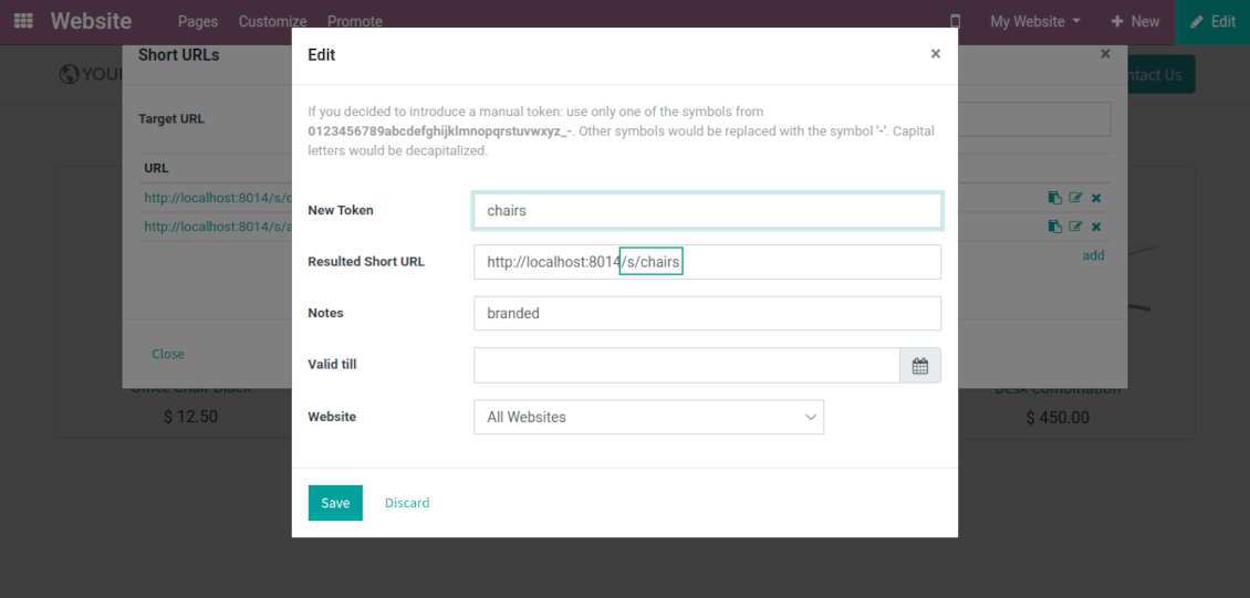 Odoo website customization: short links