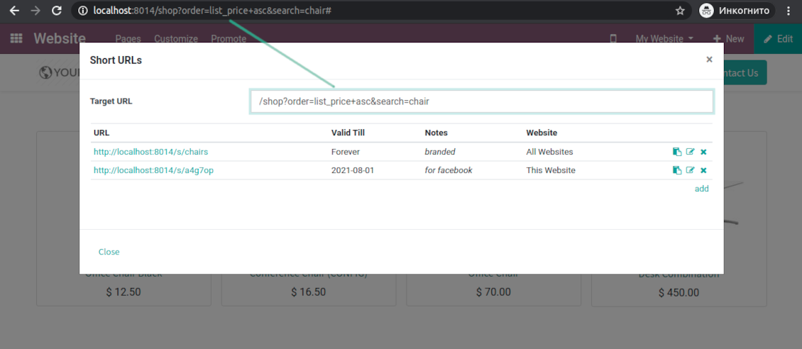 Odoo URL shortener from website