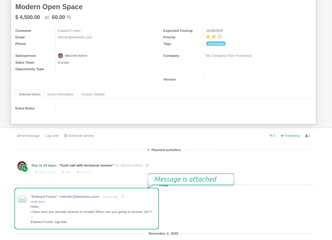 Odoo target object with lost messages