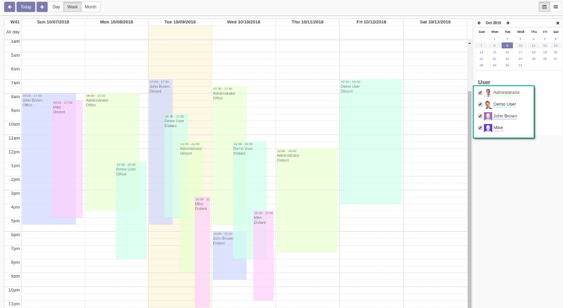 Odoo shifts calendar