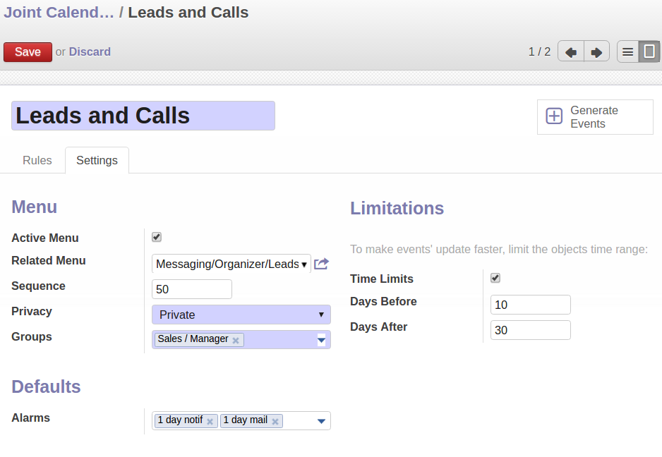 Odoo Joint Calendar Settings