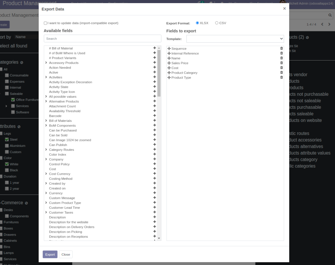 Export selected product templates