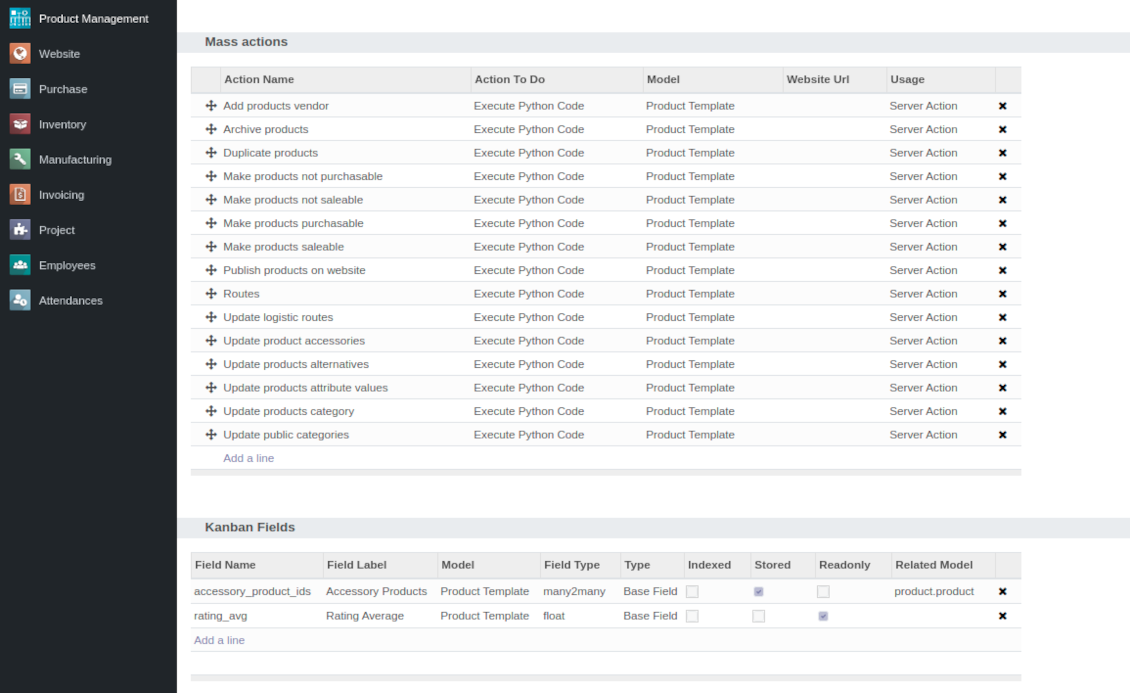 Set up mass actions and fields for product templates