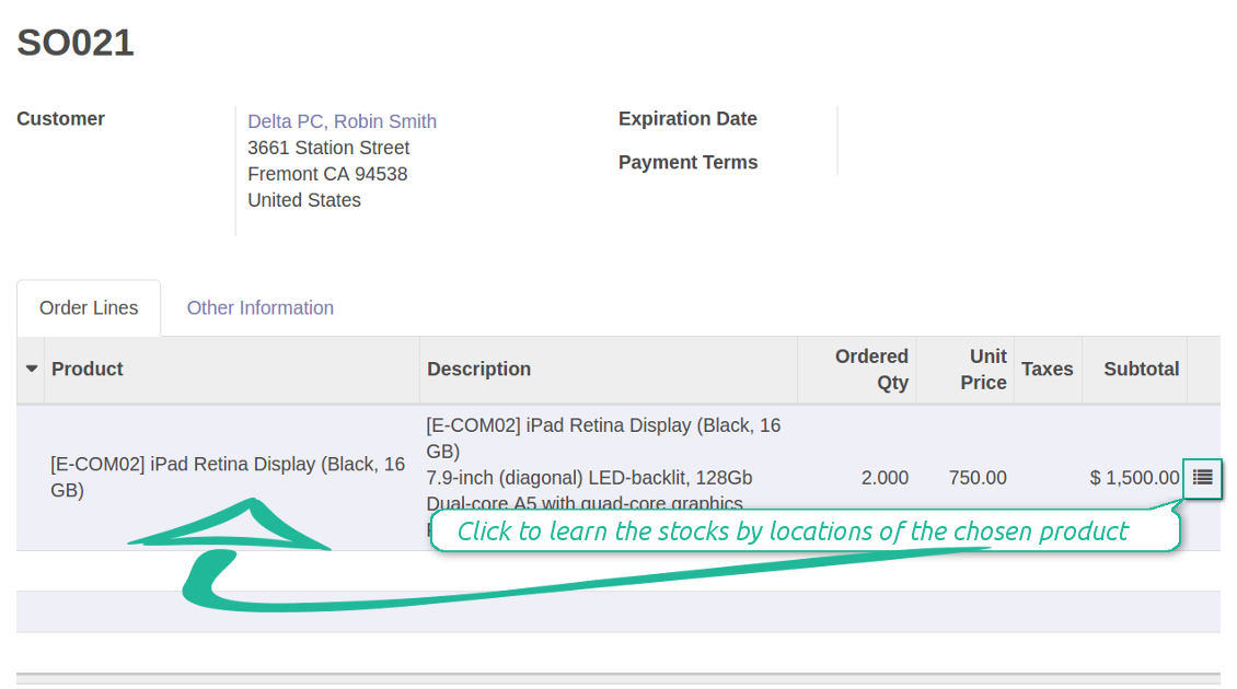 The sales button to show inventories by locations