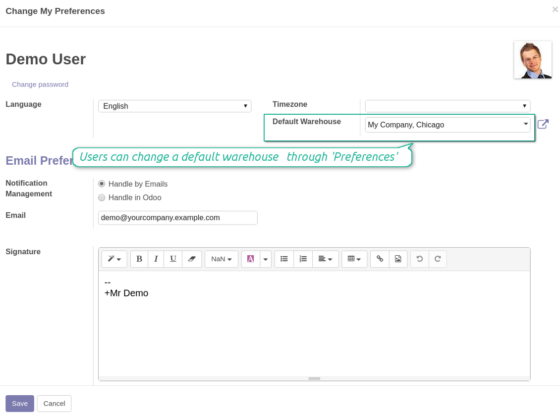 Odoo users default warehouse
