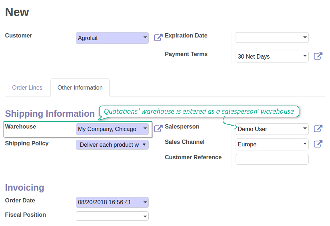 Sales order default warehouse