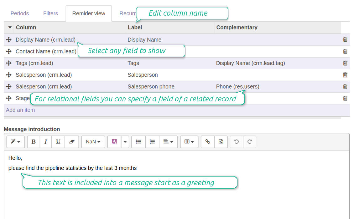 Lists columns and view