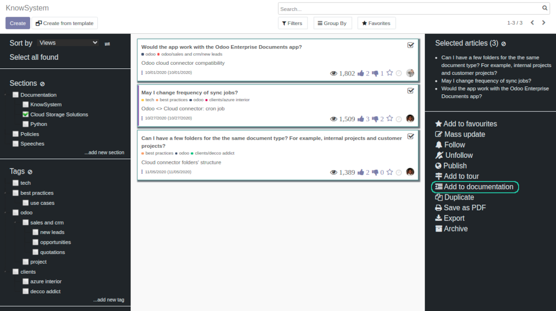 KnowSystem articles: mass add to documentation
