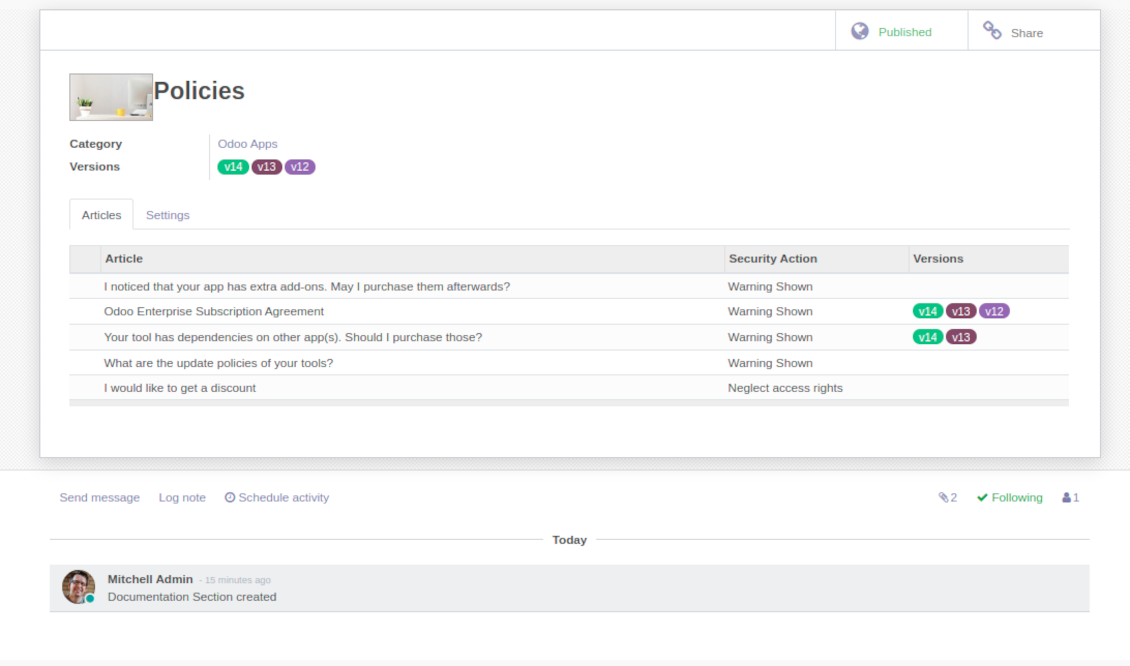 Documentation section settings