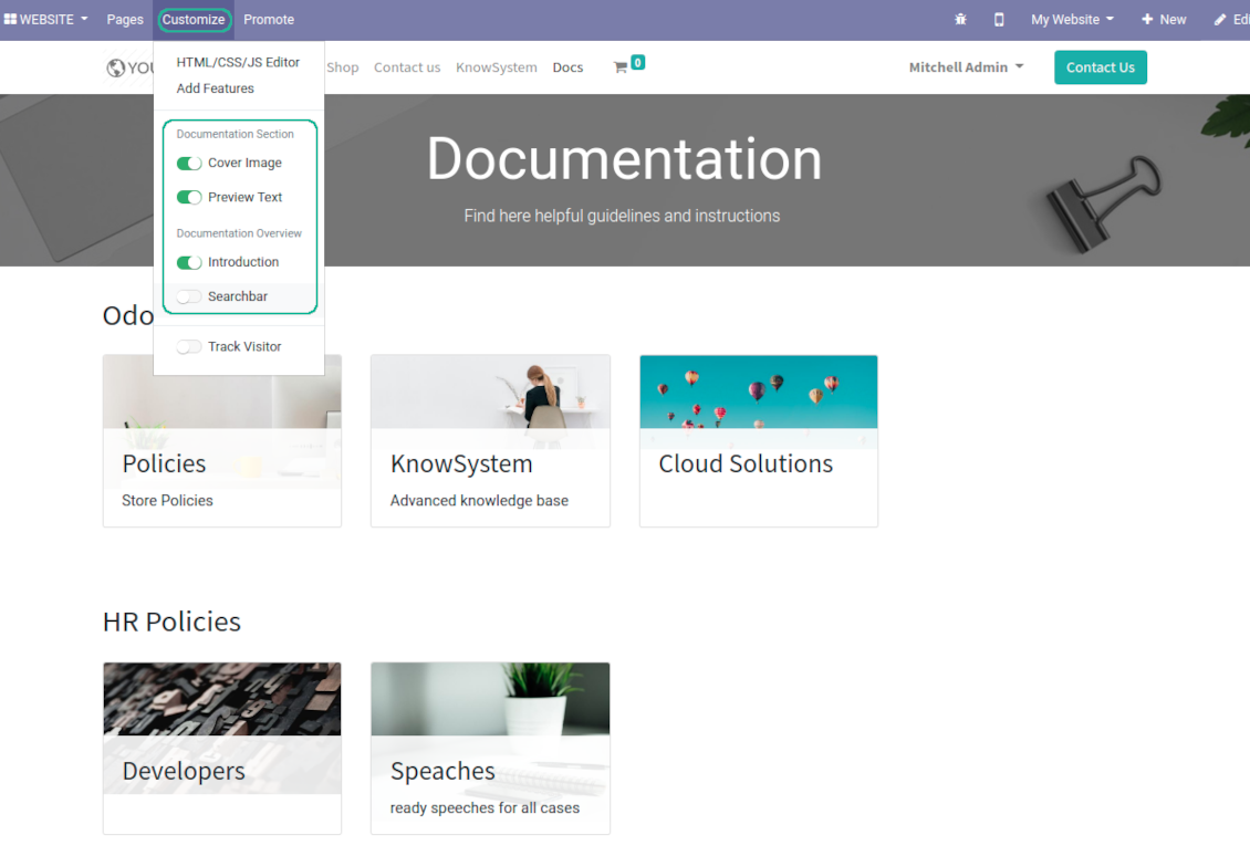 Optional features for documentation sections