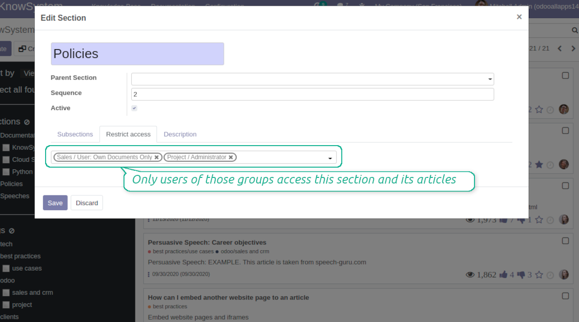 Odoo knowledge base system sections