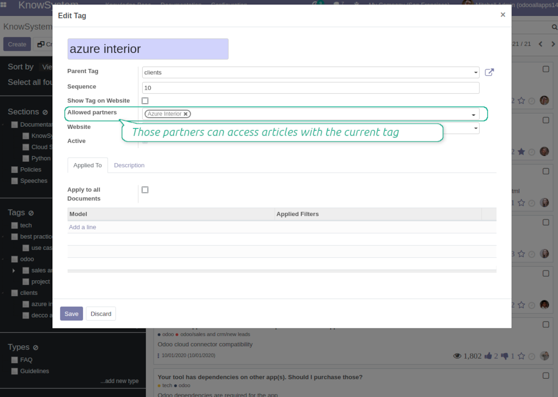 Odoo KnowSystem tags, portal access