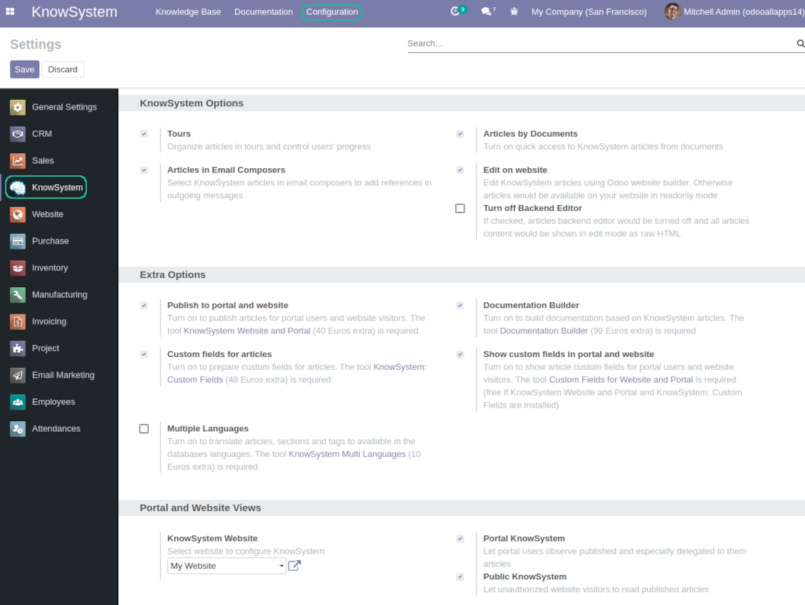 Odoo knowledge base settings