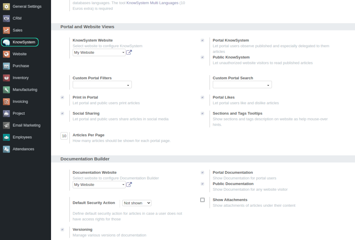 Odoo KnowSystem: website, portal, and documentation configuration