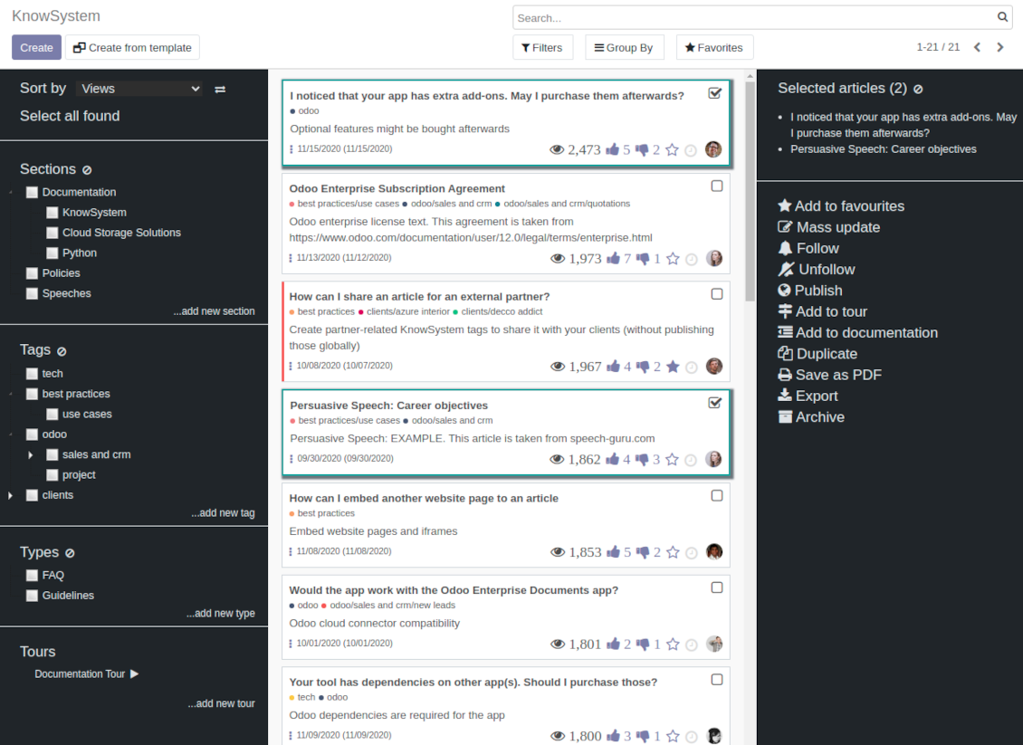 Odoo knowledge system mass actions for selected articles