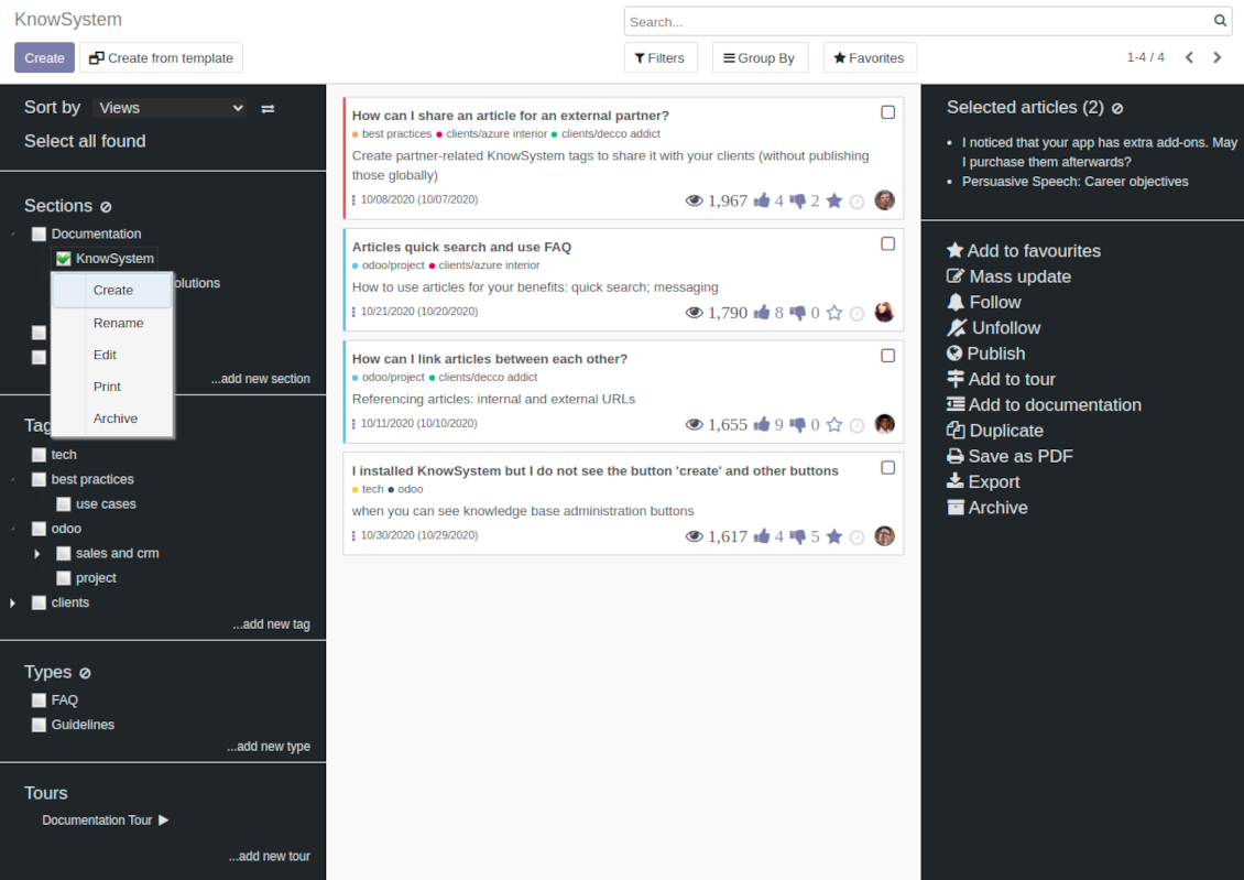 Odoo knowledge base navigation