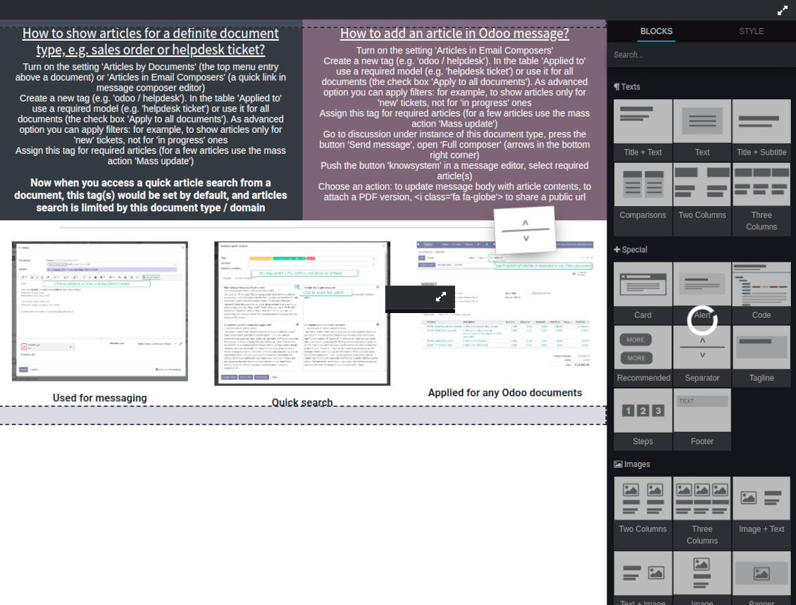 Drag and drop Odoo blocks to construct an article