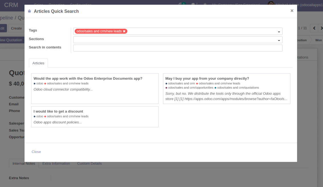 Odoo KMS search of articles