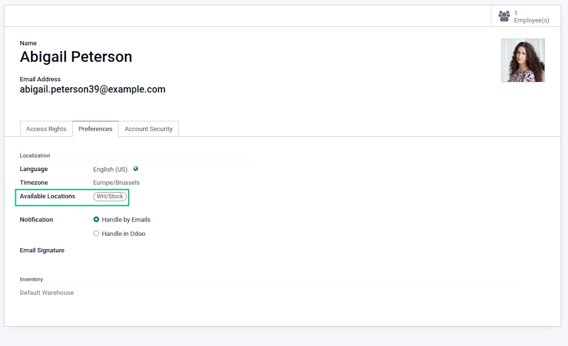 Available Odoo locations on a user form
