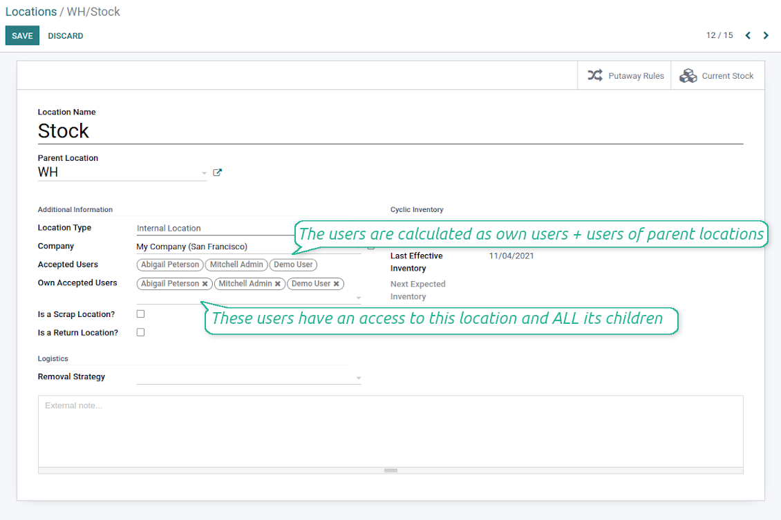 Odoo locations accepted users