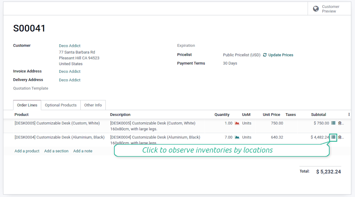 One click to observe inventories from a sale line