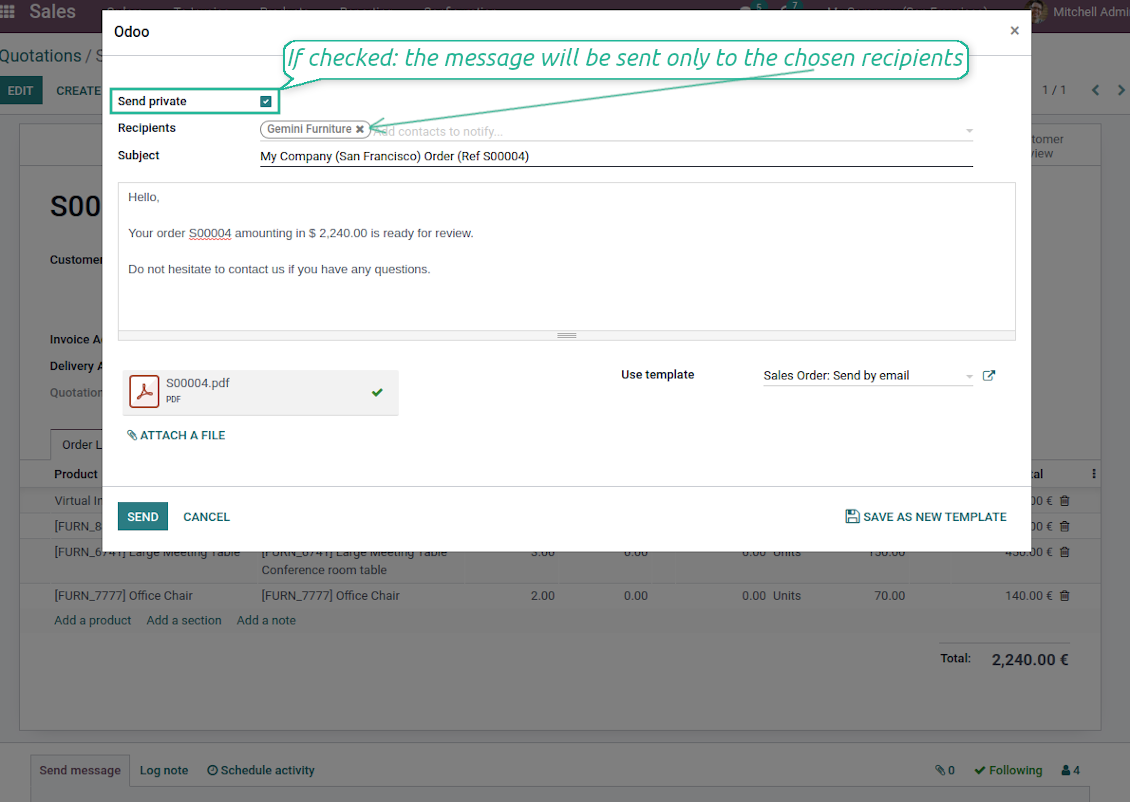 Odoo compose internal message